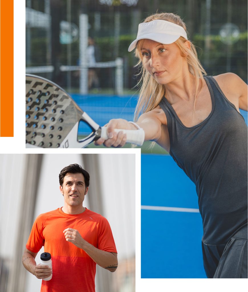 Atleta di padel intenta a giocare la palla e Runner che corre
